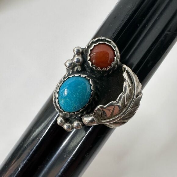 Vintage Navajo Feather Turquoise And Coral Ring Size 8